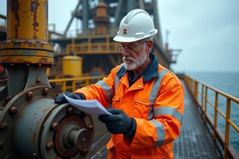 Technicien pétrolier en combinaison orange inspectant une vanne sur le pont d'une plateforme offshore