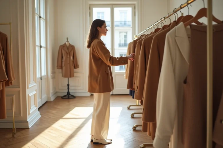 Jeune femme stylée en blazer camel oversize et pantalon large crème dans une boutique de mode parisienne
