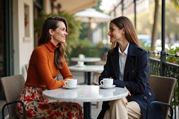 Deux femmes à la mode attablées en terrasse de café parisien portant des tenues tendance automnales