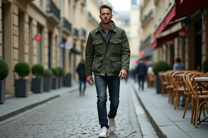 Homme tendance en veste utilitaire verte marchant dans une rue pavée parisienne avec des façades haussmanniennes