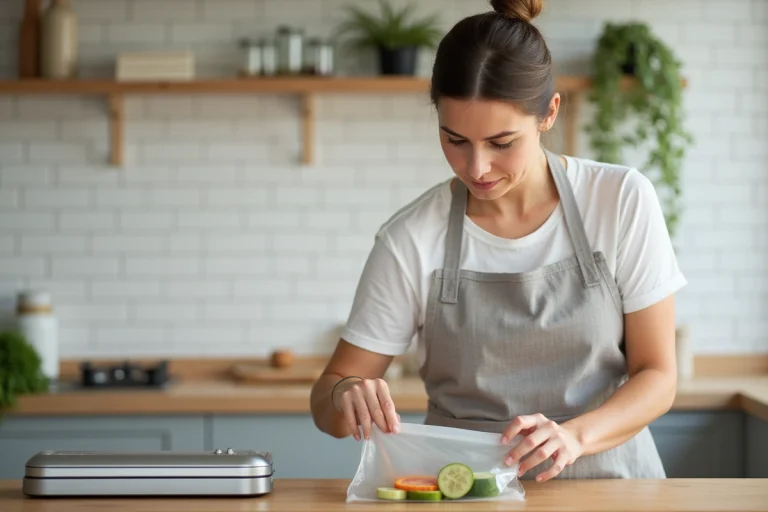 Femme utilisant une machine sous vide FoodSaver pour conserver des légumes frais dans une cuisine moderne