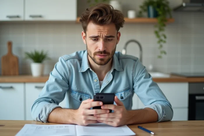Jeune homme vérifiant son RIB bancaire sur smartphone en cas de blocage sur France Travail