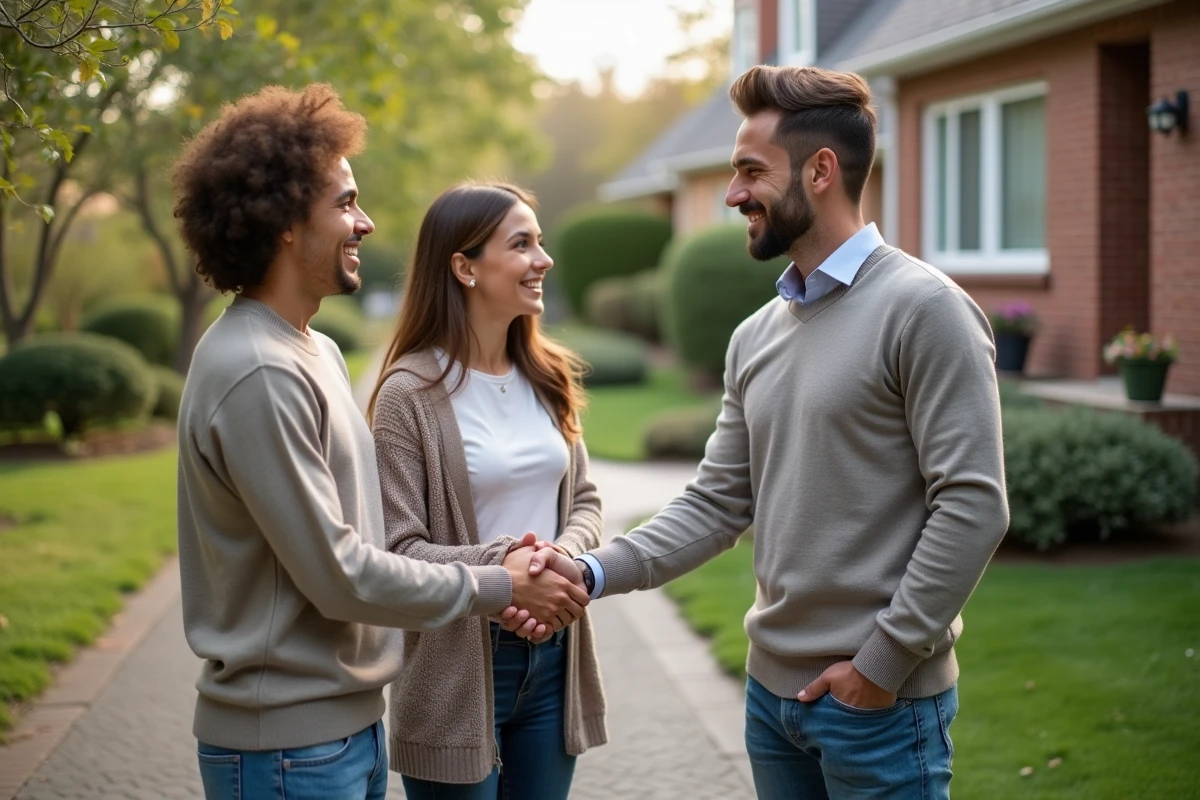 Couple et agent immobilier devant une maison en extérieur